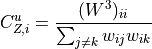 C_{Z,i}^u = \frac{(W^3)_{ii}}{\sum_{j \neq k} w_{ij} w_{ik}}